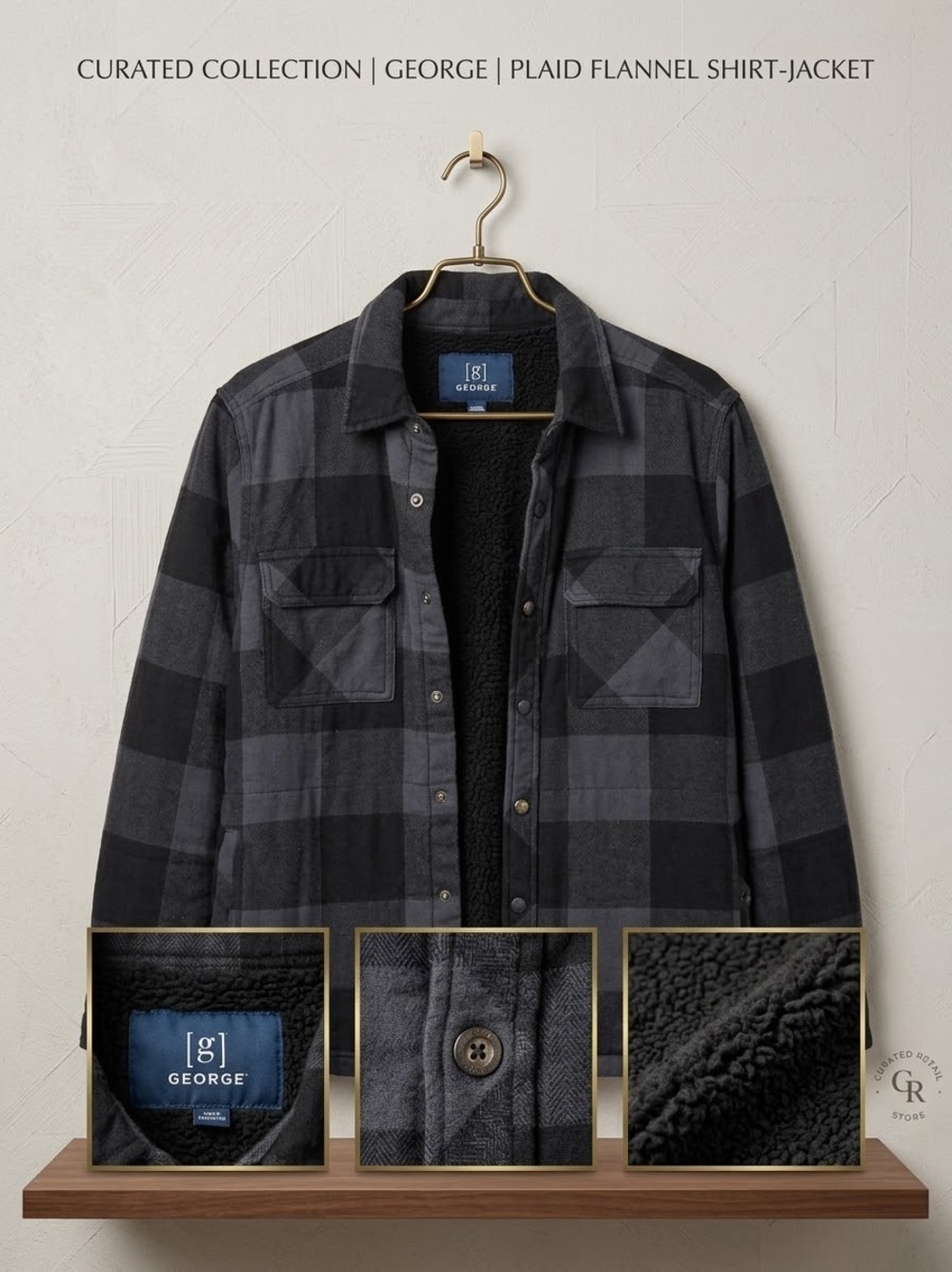 George Black and Gray Plaid Sherpa-Lined Shirt Jacket